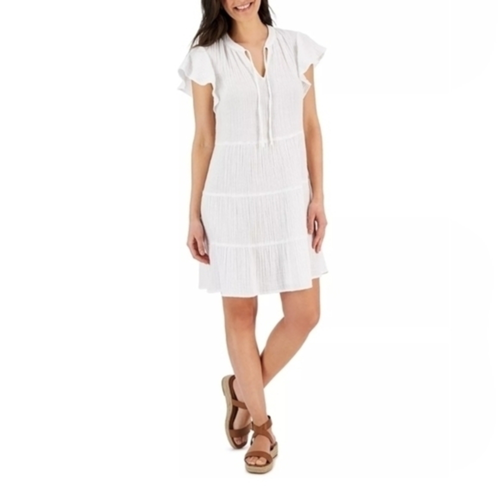 NWT Style & Co Women's Tie-Neck Tiered Dress ~ White ~ XL